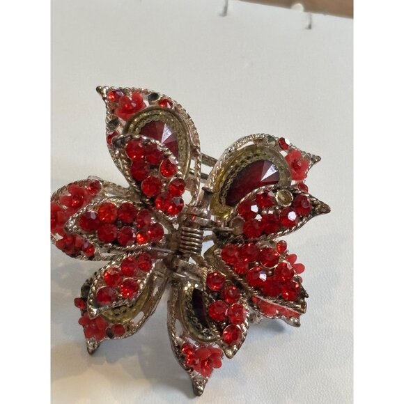 Large Floral Hair Clip With Red Rhinestones & Metal**note missing rhinestone - Picture 10 of 10